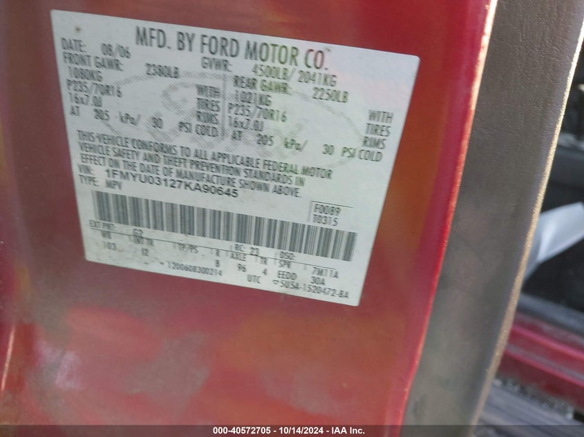 2007 Ford Escape Xlt VIN: 1FMYU03127KA90645 Lot: 40572705