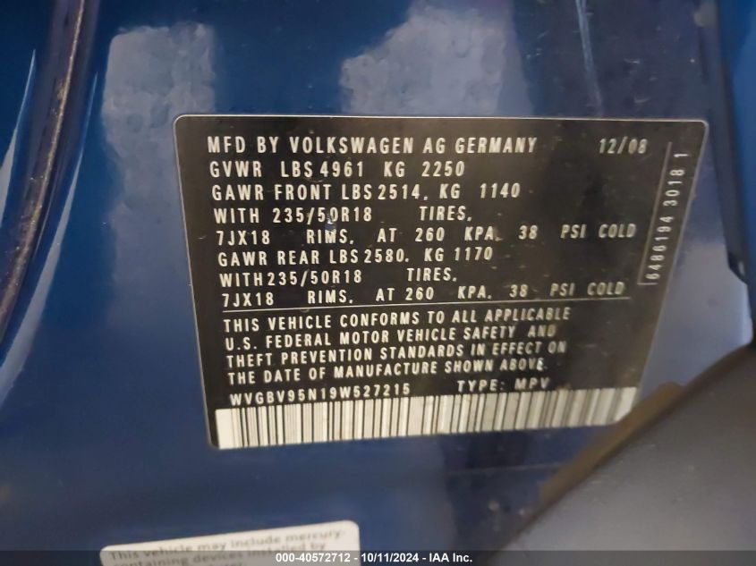 2009 Volkswagen Tiguan Se/Sel VIN: WVGBV95N19W527215 Lot: 40572712