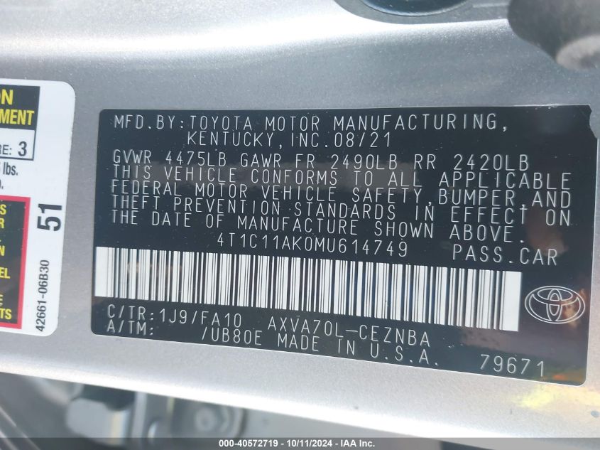 4T1C11AK0MU614749 2021 Toyota Camry Le