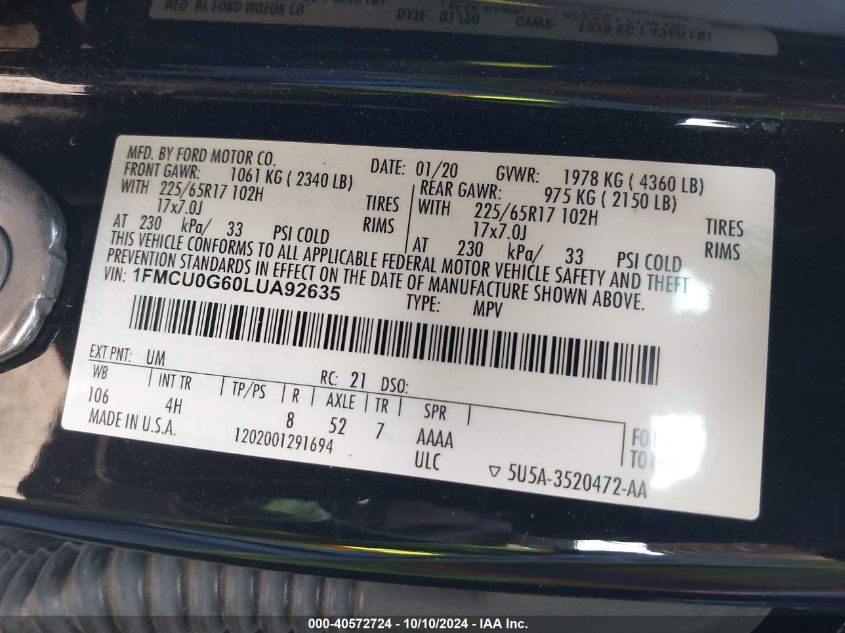 1FMCU0G60LUA92635 2020 Ford Escape Se