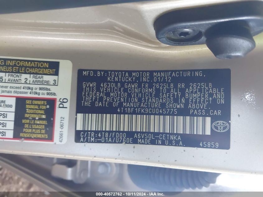 4T1BF1FK9CU045775 2012 Toyota Camry Se/Le/Xle