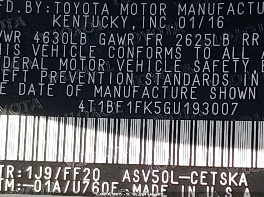 4T1BF1FK5GU193007 2016 Toyota Camry Se