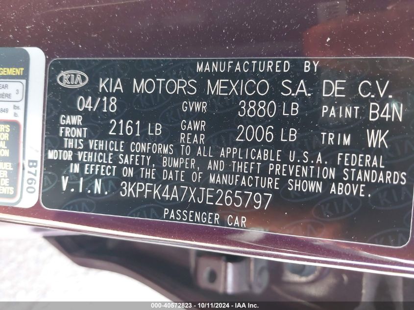 3KPFK4A7XJE265797 2018 Kia Forte Lx