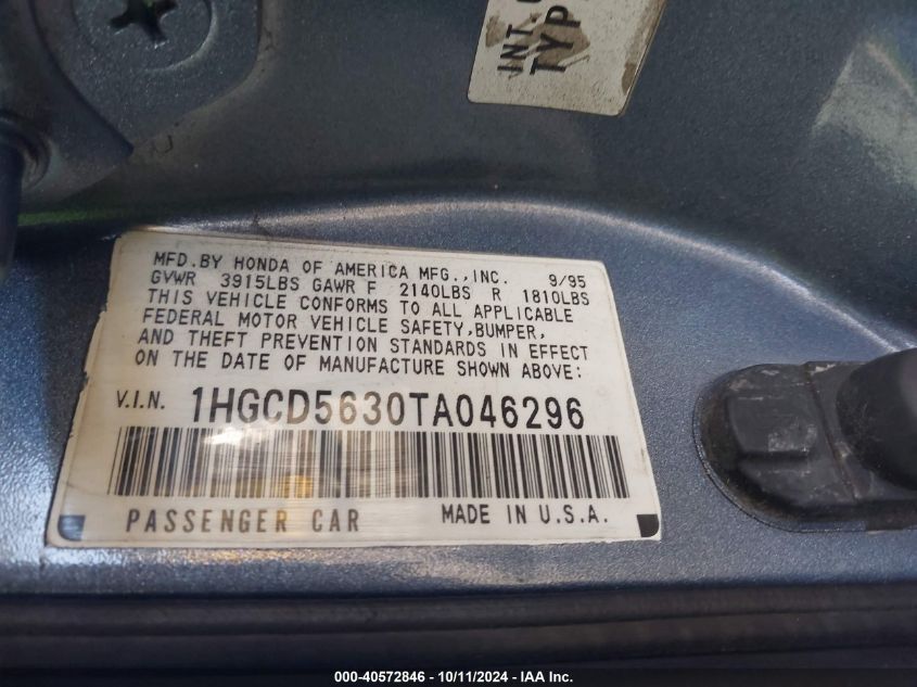 1HGCD5630TA046296 1996 Honda Accord Lx/Ex