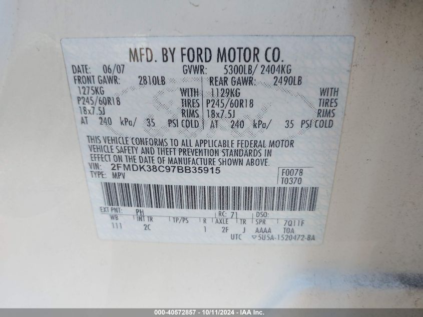 2FMDK38C97BB35915 2007 Ford Edge Sel