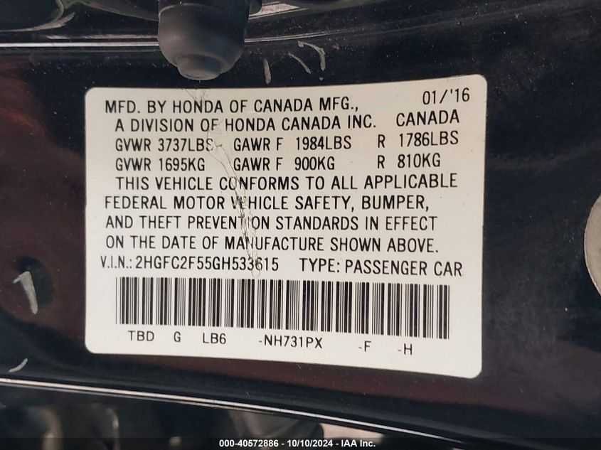 2HGFC2F55GH533615 2016 Honda Civic Lx