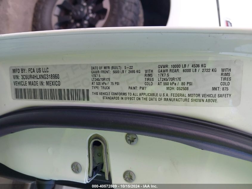 2022 Ram 2500 Tradesman 4X2 8' Box VIN: 3C6UR4HLXNG318960 Lot: 40572889