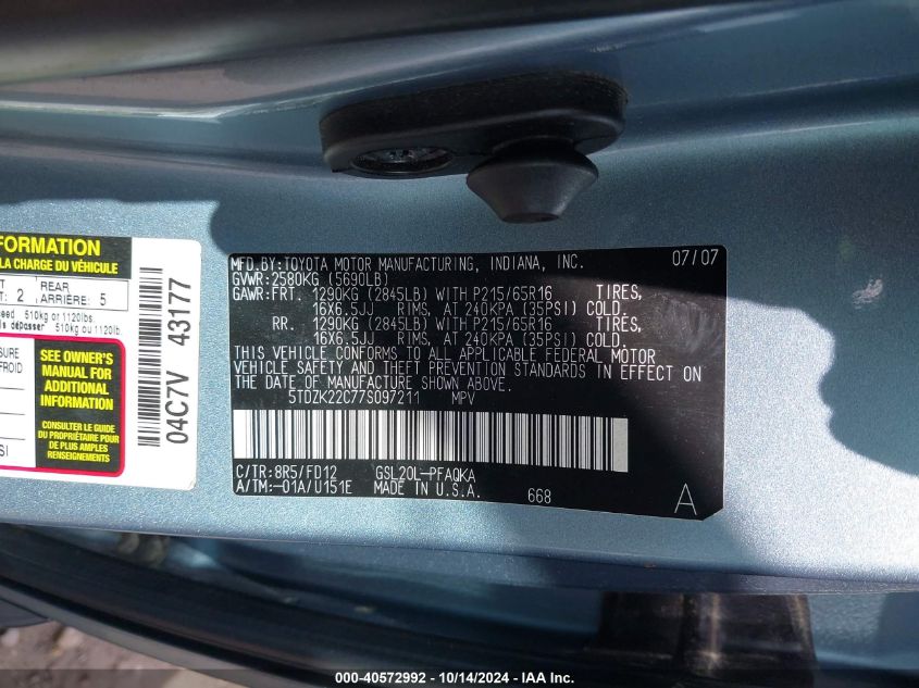 2007 Toyota Sienna Xle VIN: 5TDZK22C77S097211 Lot: 40572992