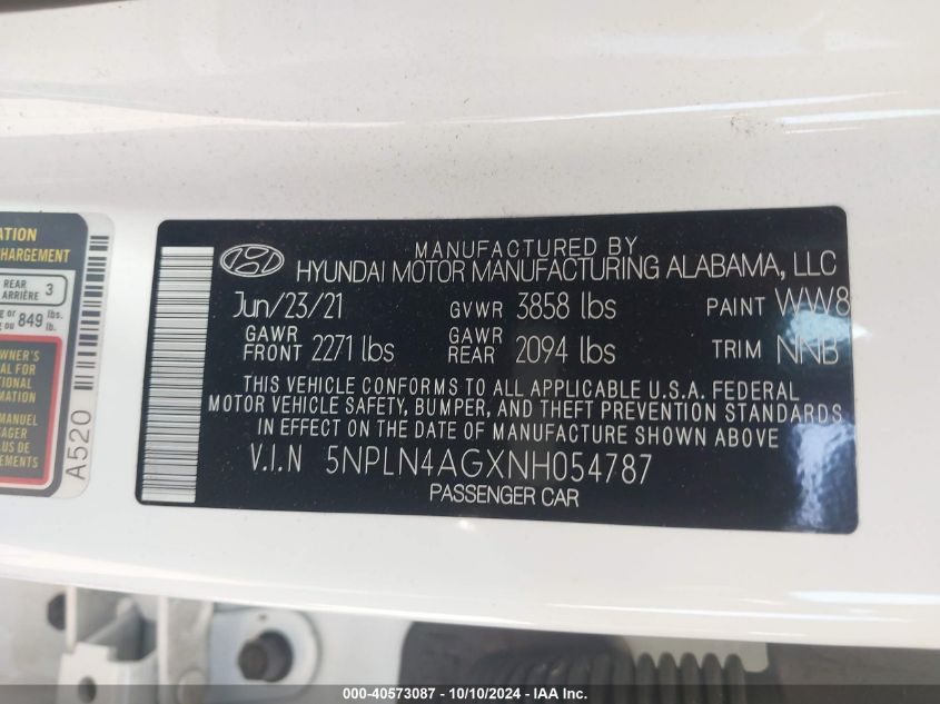 5NPLN4AGXNH054787 2022 Hyundai Elantra Sel