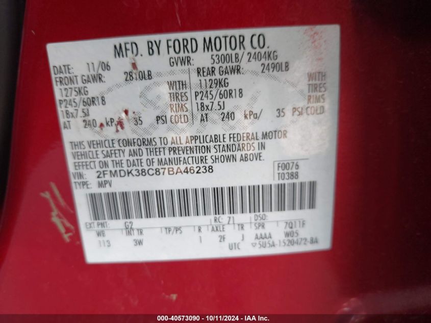 2FMDK38C87BA46238 2007 Ford Edge Sel