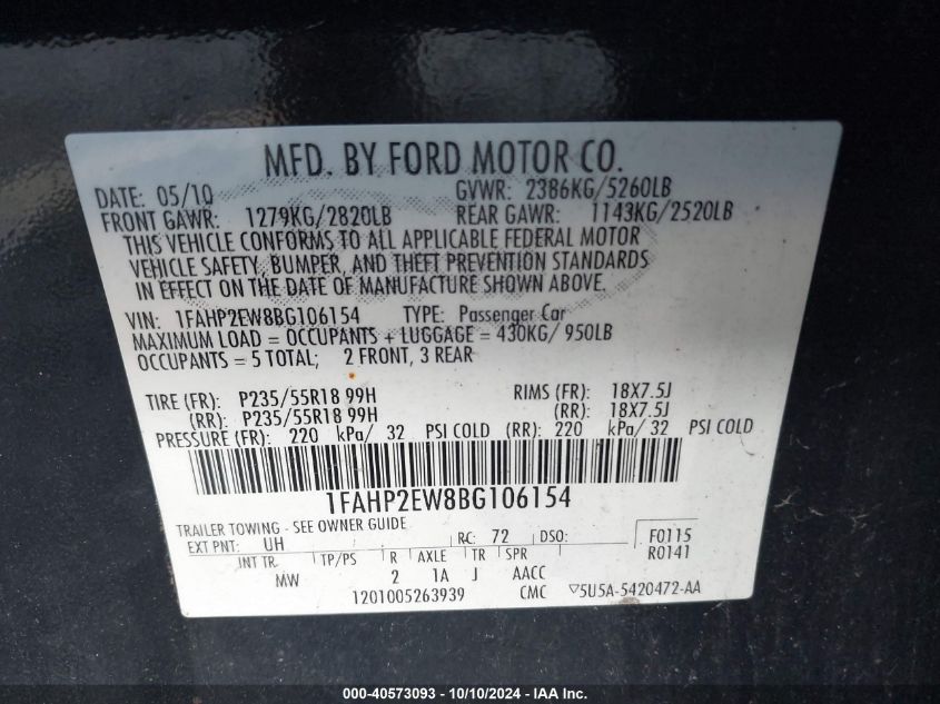 1FAHP2EW8BG106154 2011 Ford Taurus Sel