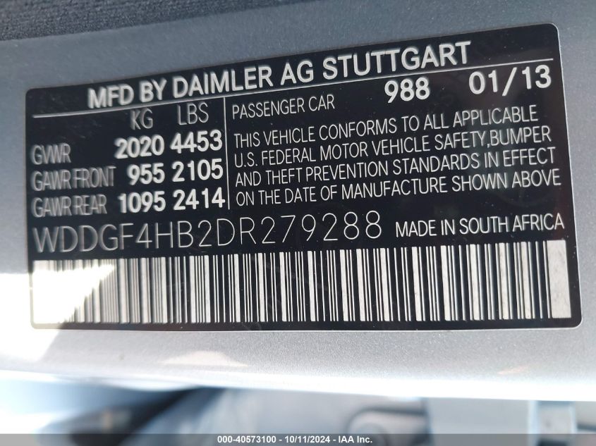 2013 Mercedes-Benz C 250 Luxury/Sport VIN: WDDGF4HB2DR279288 Lot: 40573100