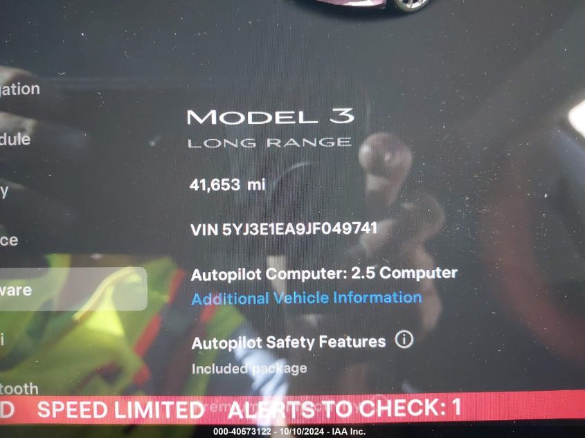 2018 Tesla Model 3 VIN: 5YJ3E1EA9JF049741 Lot: 40573122