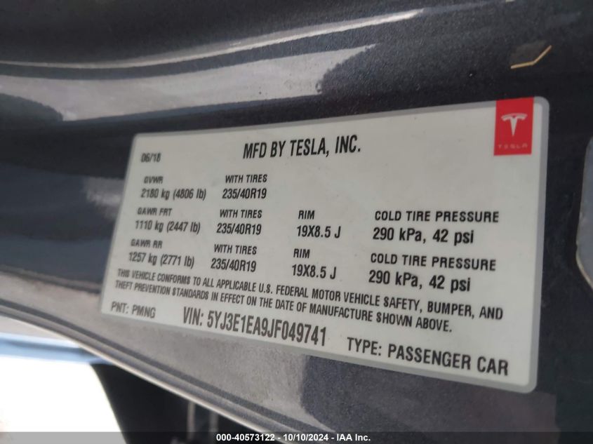 2018 Tesla Model 3 VIN: 5YJ3E1EA9JF049741 Lot: 40573122