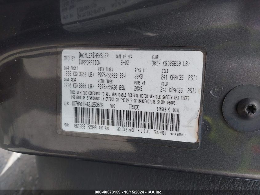 2002 Dodge Ram 1500 St VIN: 1D7HA18N42J253590 Lot: 40573159