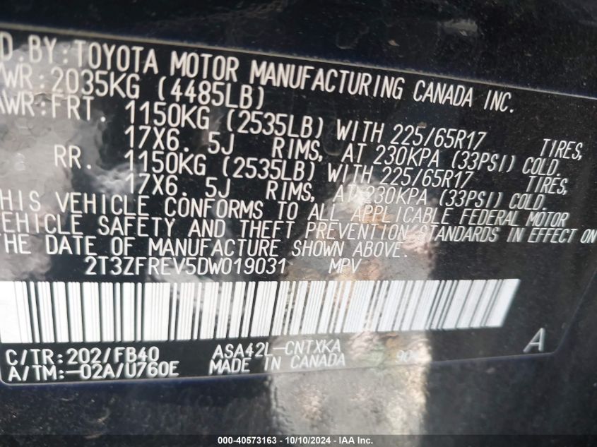 2T3ZFREV5DW019031 2013 Toyota Rav4 Le