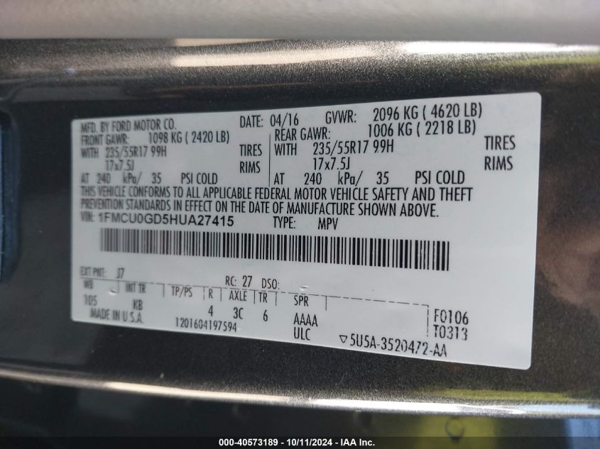 1FMCU0GD5HUA27415 2017 Ford Escape Se