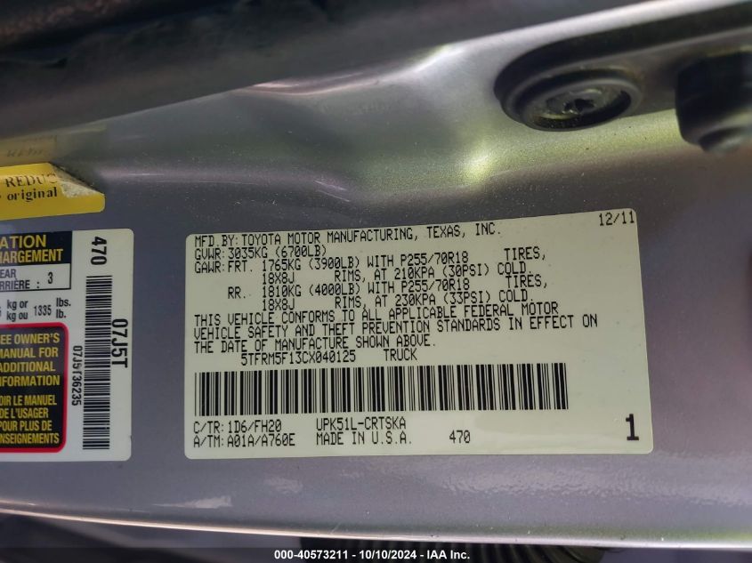 5TFRM5F13CX040125 2012 Toyota Tundra Grade 4.6L V8