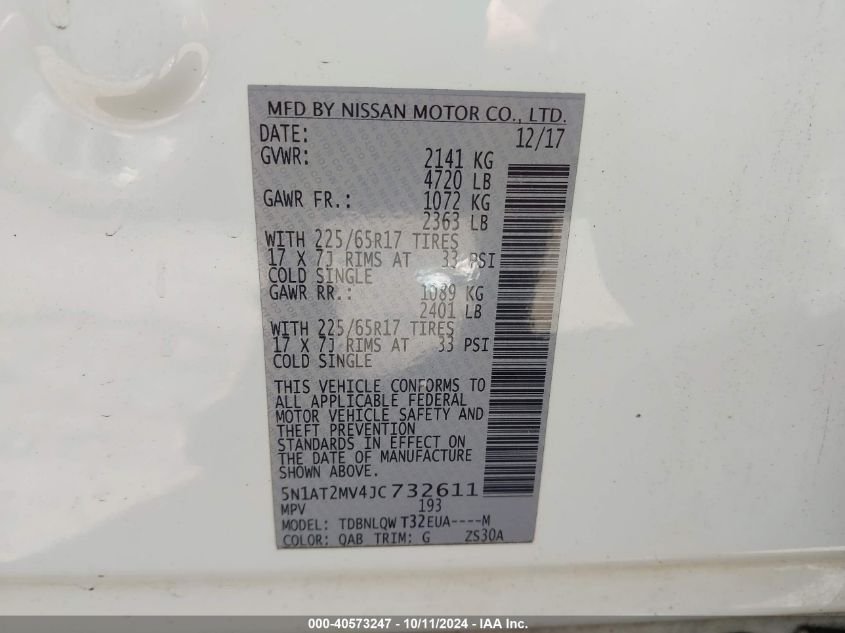 5N1AT2MV4JC732611 2018 Nissan Rogue Sv