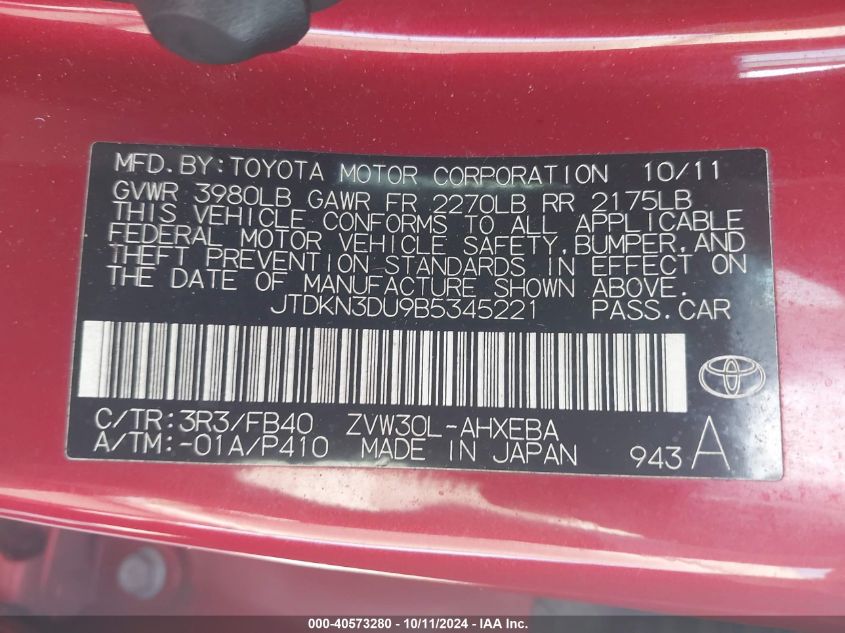 JTDKN3DU9B5345221 2011 Toyota Prius