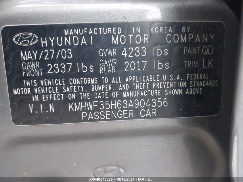 2003 Hyundai Sonata Gls/Lx VIN: KMHWF35H63A904356 Lot: 40573326