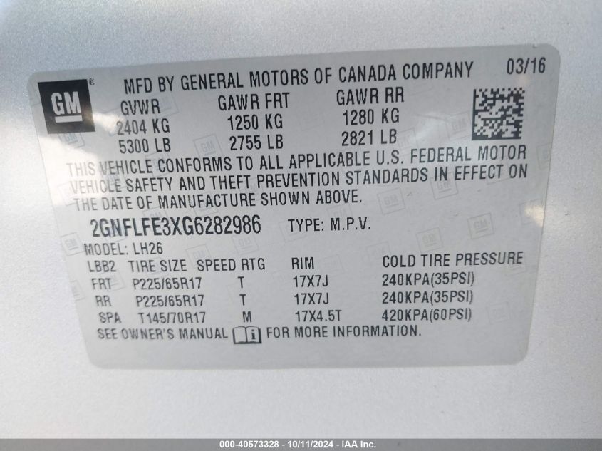 2GNFLFE3XG6282986 2016 Chevrolet Equinox Lt