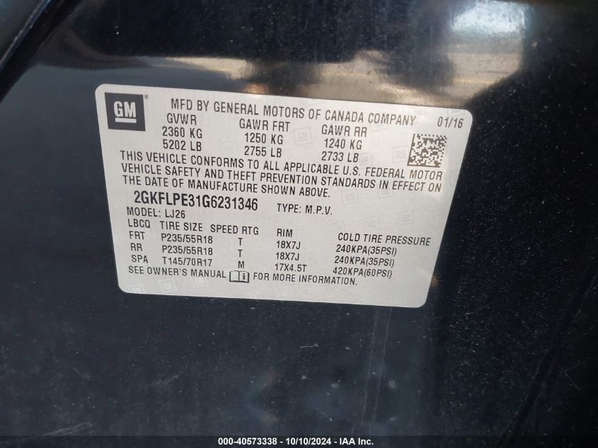 2GKFLPE31G6231346 2016 GMC Terrain Slt