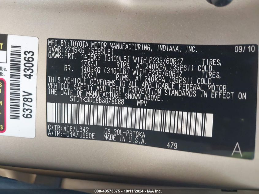 5TDYK3DC8BS078688 2011 Toyota Sienna Xle V6