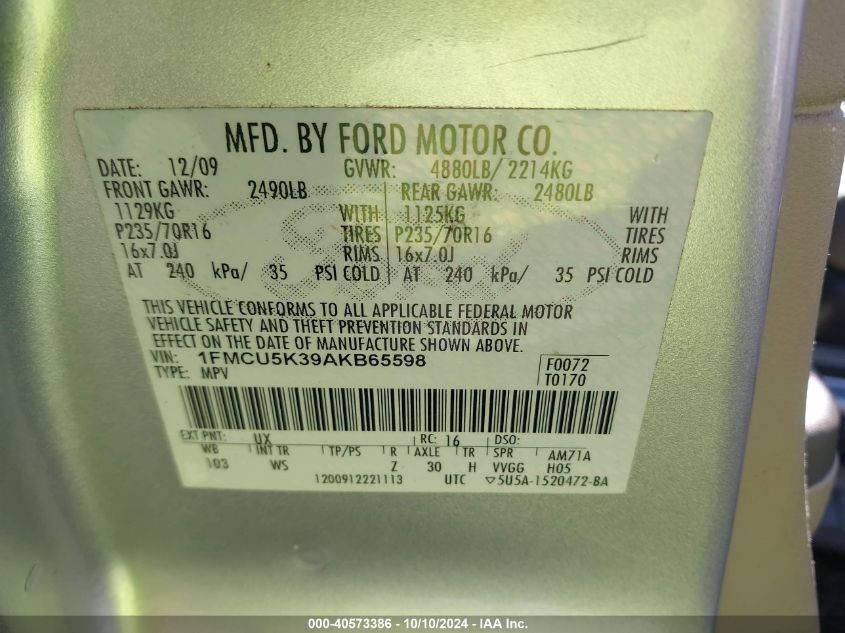 1FMCU5K39AKB65598 2010 Ford Escape Hybrid Limited