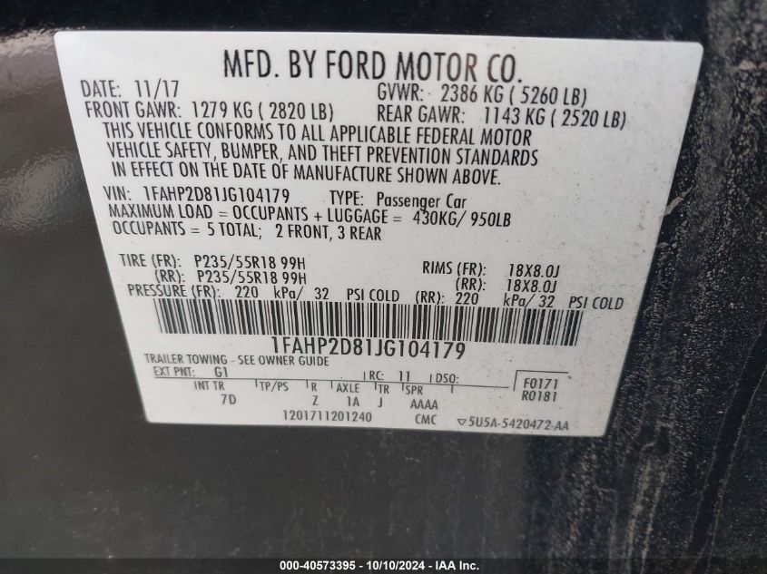 1FAHP2D81JG104179 2018 Ford Taurus Se