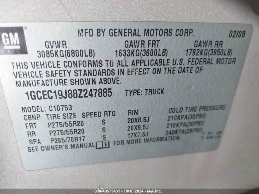 1GCEC19J88Z247885 2008 Chevrolet Silverado 1500 Lt1