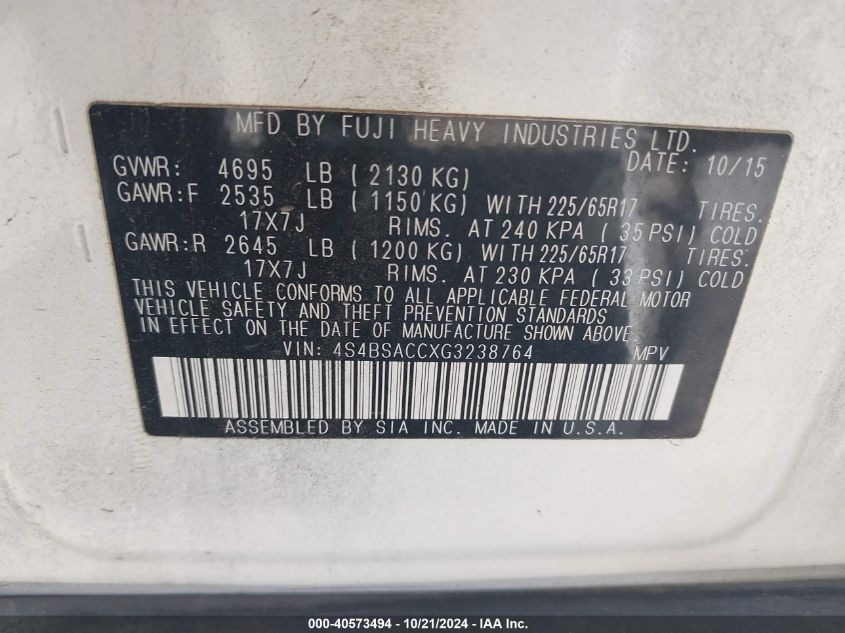 2016 Subaru Outback 2.5I Premium VIN: 4S4BSACCXG3238764 Lot: 40573494