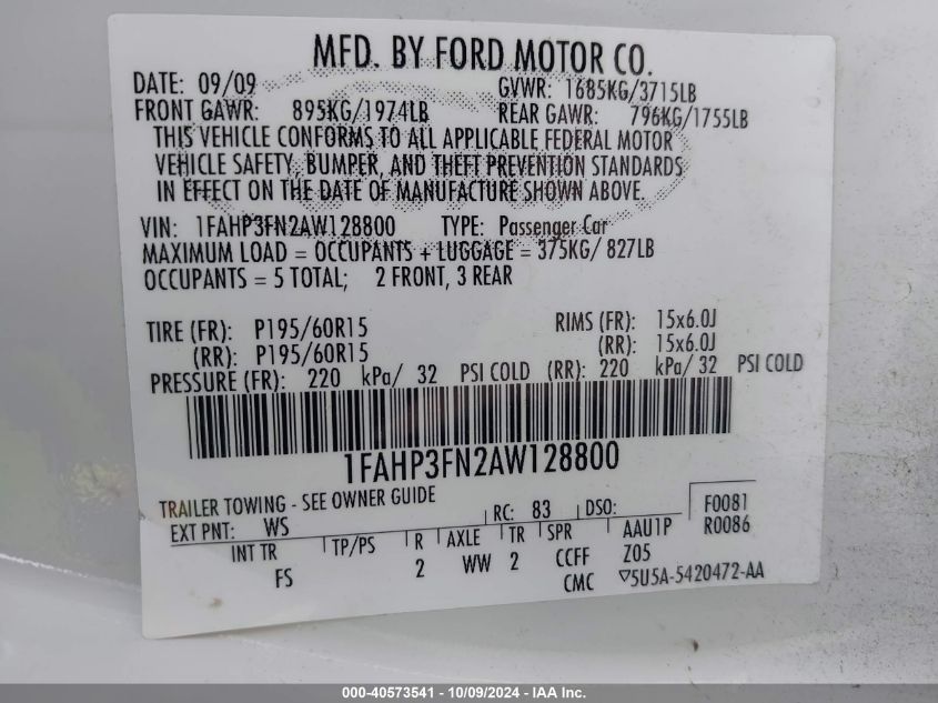 1FAHP3FN2AW128800 2010 Ford Focus Se