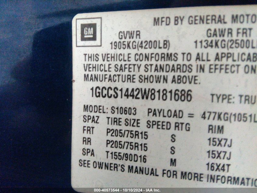 1998 Chevrolet S-10 Ls Fleetside VIN: 1GCCS1442W8181686 Lot: 40573544