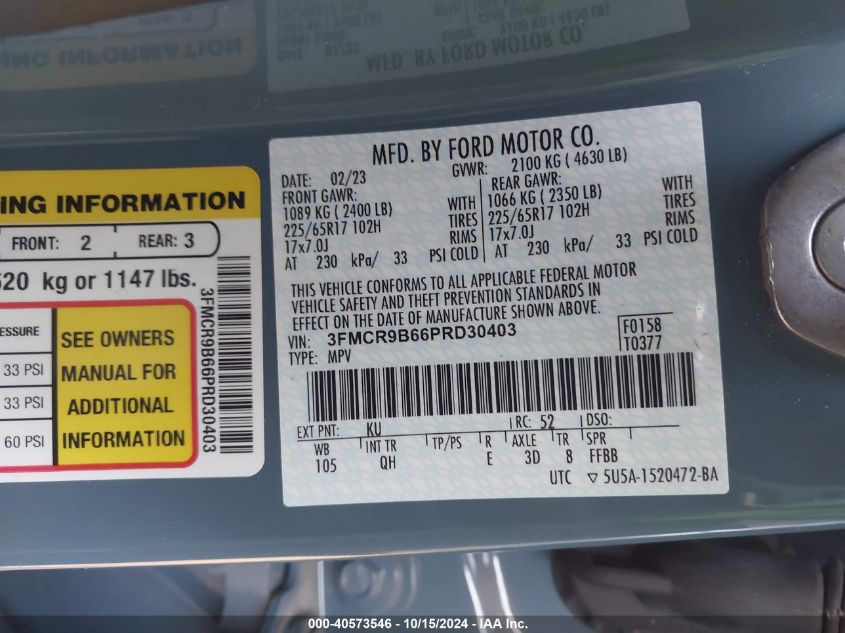VIN 3FMCR9B66PRD30403 2023 FORD BRONCO SPORT BIG BEND