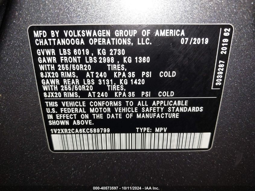 1V2XR2CA6KC589799 2019 Volkswagen Atlas 3.6L V6 Se W/Technology R-Line