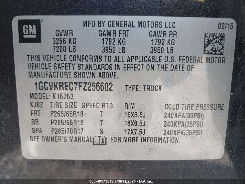 1GCVKREC7FZ256602 2015 Chevrolet Silverado 1500 K1500 Lt