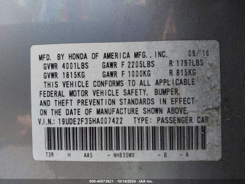 2017 Acura Ilx Acurawatch Plus Package VIN: 19UDE2F35HA007422 Lot: 40573621