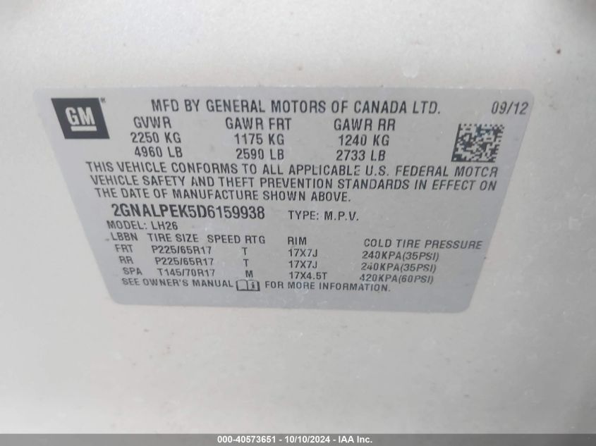 2GNALPEK5D6159938 2013 Chevrolet Equinox 2Lt