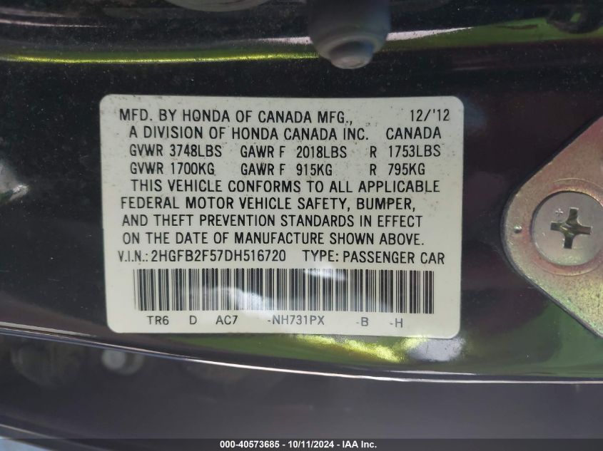 2HGFB2F57DH516720 2013 Honda Civic Lx