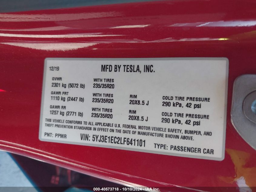 2020 Tesla Model 3 Performance Dual Motor All-Wheel Drive VIN: 5YJ3E1EC2LF641101 Lot: 40573718