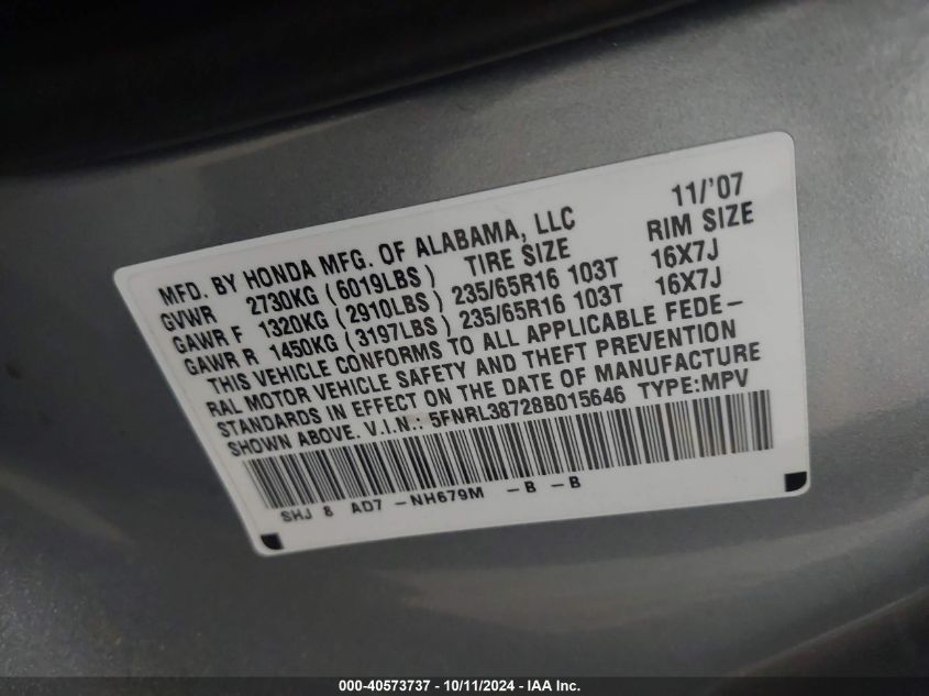 5FNRL38728B015646 2008 Honda Odyssey Exl