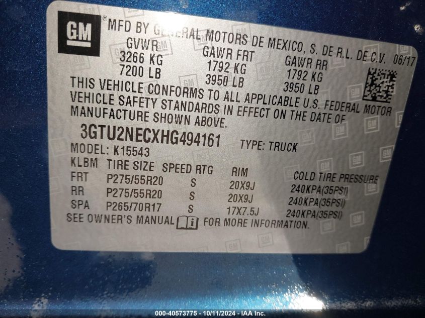 3GTU2NECXHG494161 2017 GMC Sierra K1500 Slt