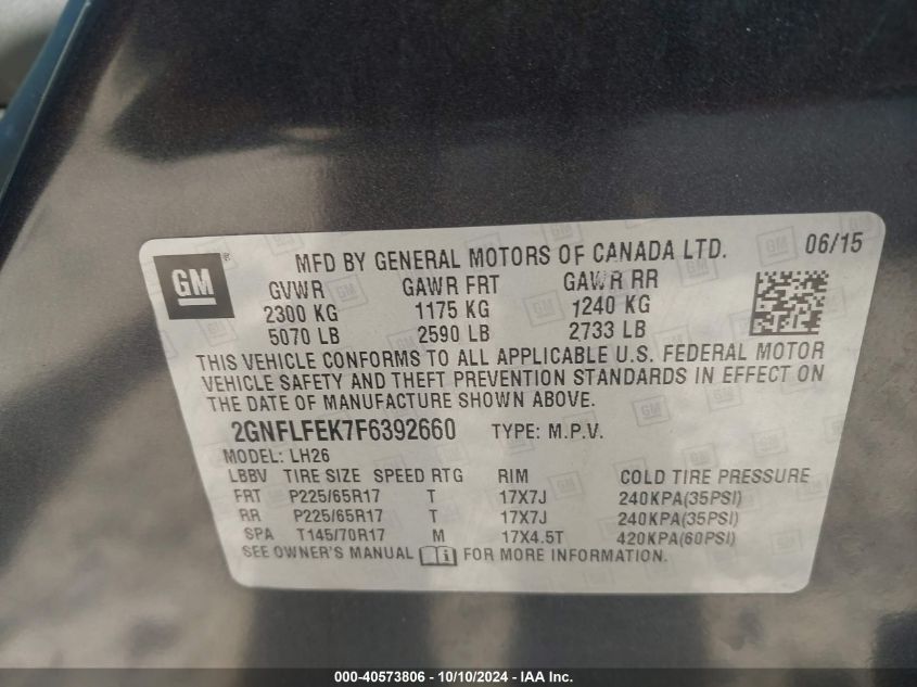 2GNFLFEK7F6392660 2015 Chevrolet Equinox 1Lt