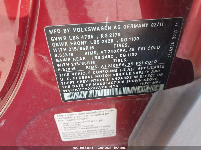 WVGAV7AX0BW001476 2011 Volkswagen Tiguan S