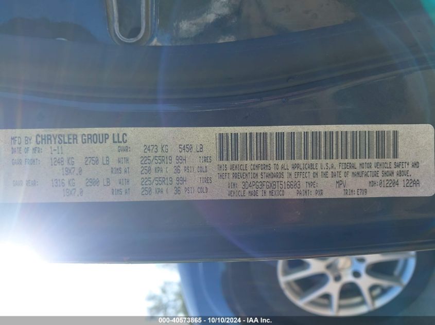 2011 Dodge Journey Crew VIN: 3D4PG3FGXBT516603 Lot: 40573865