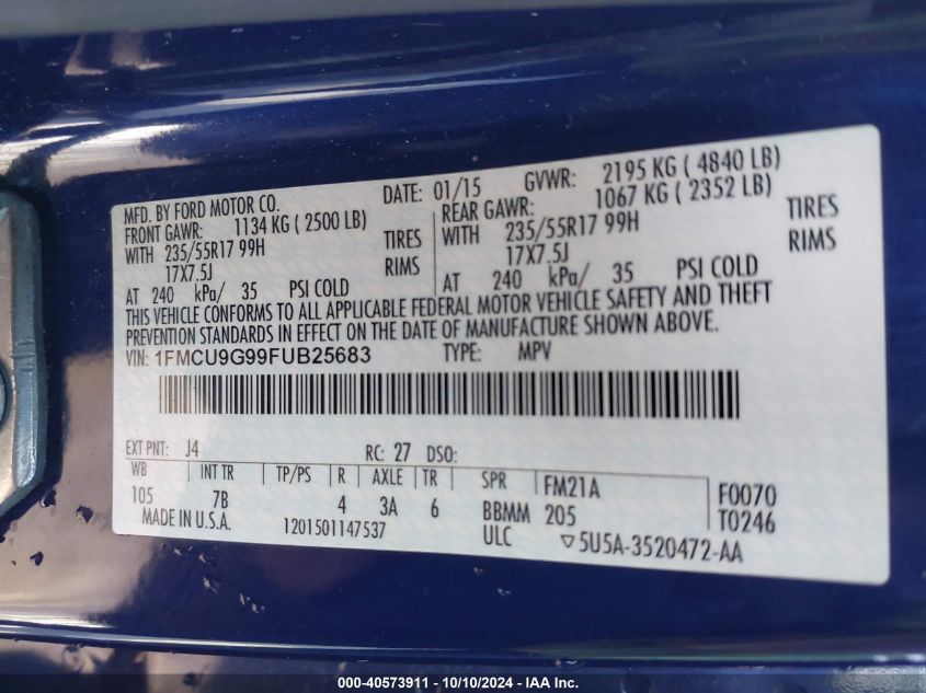 1FMCU9G99FUB25683 2015 Ford Escape Se