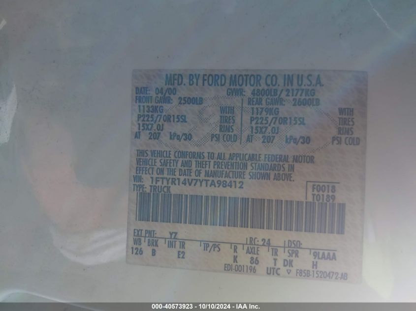 1FTYR14V7YTA98412 2000 Ford Ranger Xl/Xlt