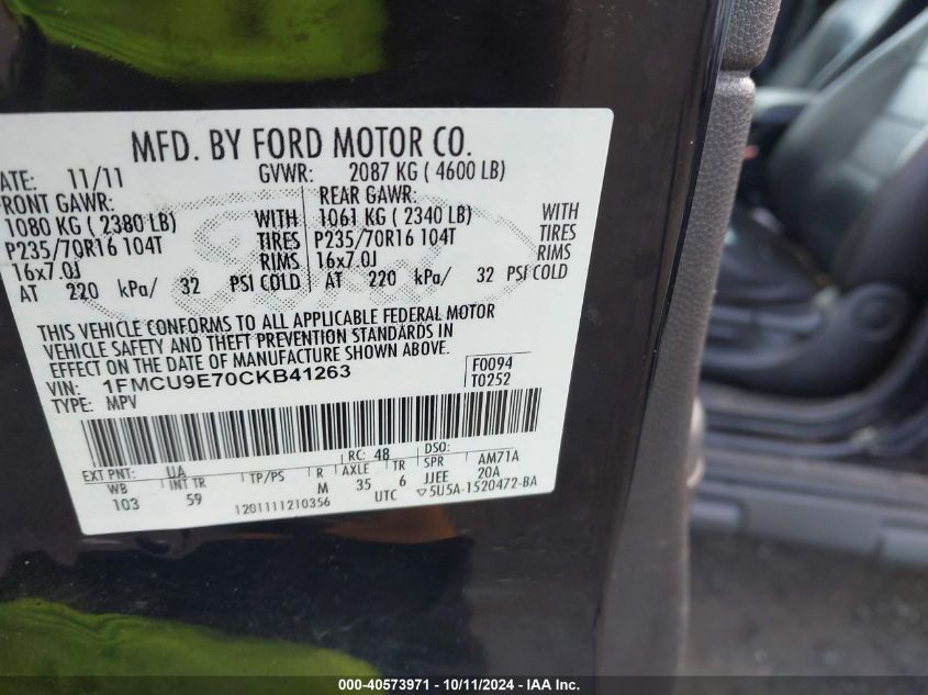 2012 Ford Escape Limited VIN: 1FMCU9E70CKB41263 Lot: 40573971