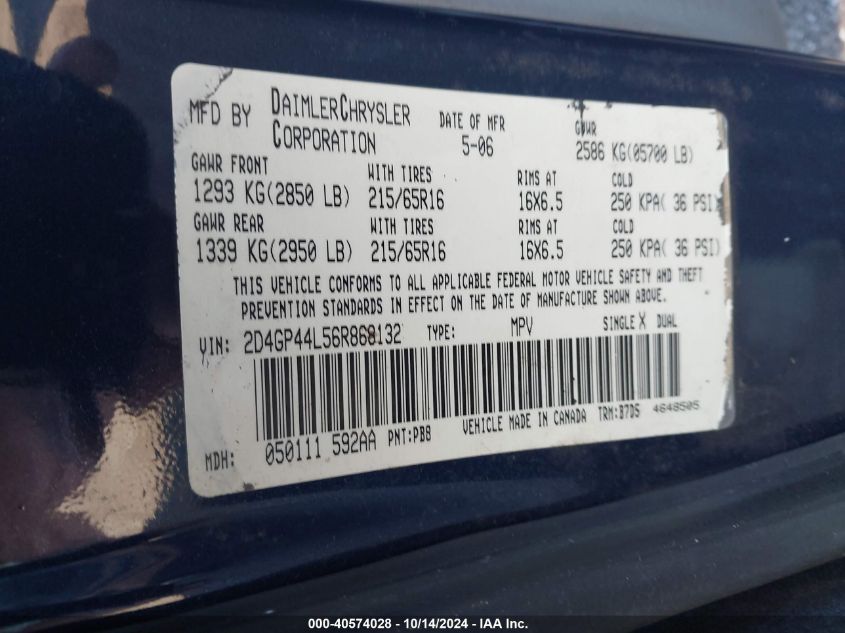 2006 Dodge Grand Caravan Sxt VIN: 2D4GP44L56R868132 Lot: 40574028